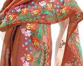 Brown Silk Scarf, Silk Chiffon Scarf, Embroidered Scarf, Floral Wrap, Silk Sari Scarf, Silk Shawl, Bohemian Wrap