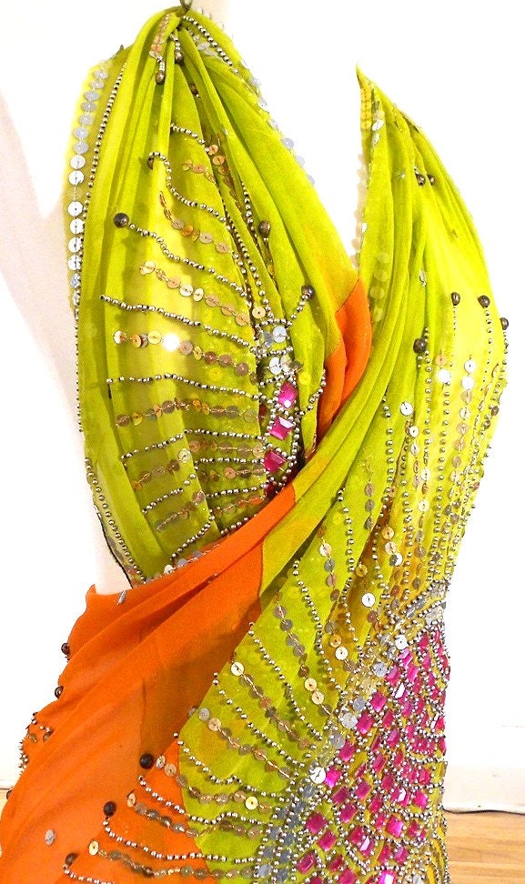 Green Orange Gypsy Veil, Extra Large Silk Scarf, Chiffon Sarong, Silk Beach Wrap, Silk Chiffon Pareo, Indian Sari Scarf, Large Scarves