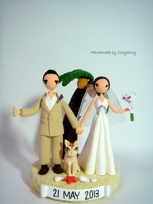 Thumbs up and Beach theme customized wedding cake topper with coconut tree and cute cat