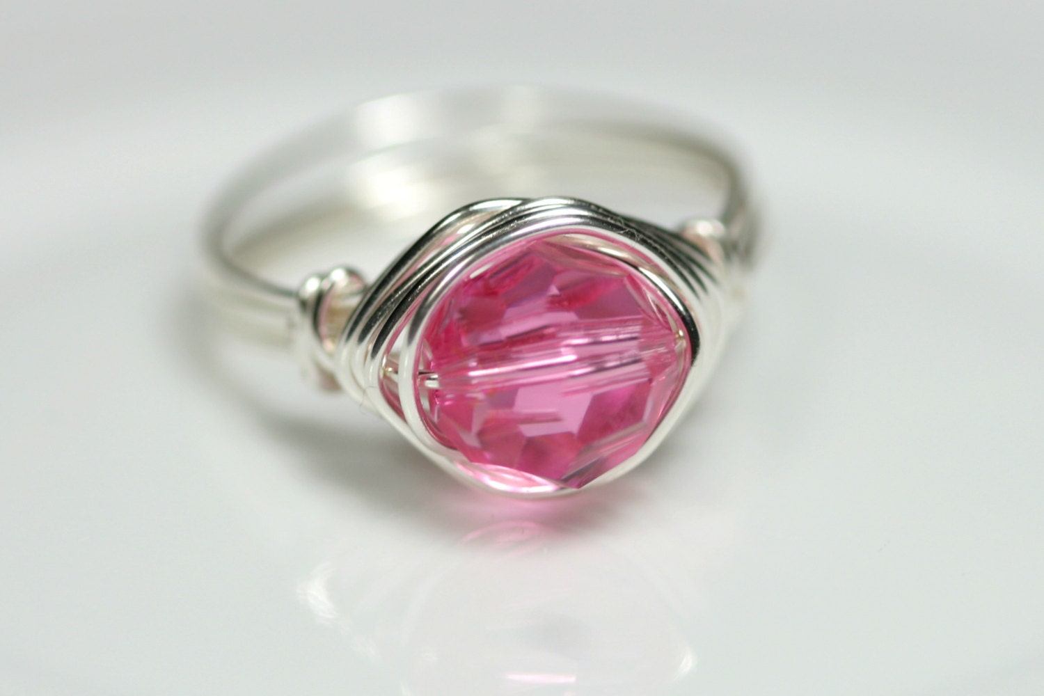 Pink Ring Swarovski Ring Wire Wrapped Jewelry Handmade Sterling Silver Jewelry Handmade Swarovski Crystal Jewelry Pink Ring