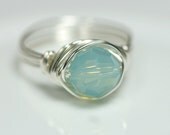 Green Opal Ring Swarovski Ring Wire Wrapped Jewelry Handmade Sterling Silver Jewelry Handmade Swarovski Crystal Jewelry Green Ring