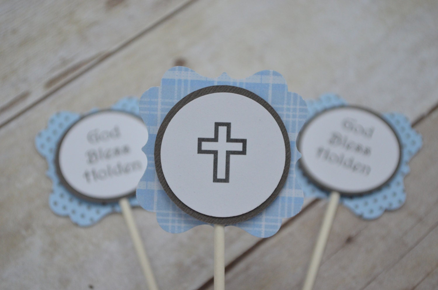 Blue, Gray, and White Flourish Cupcake Toppers for Christening or Baptism