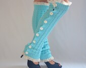 Mint green cable knit slouchy open button down lace leg warmers boot socks bithday gifts women's accessory
