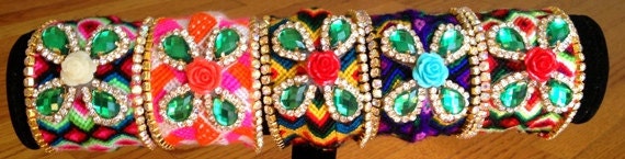 Enchanted Gardens collection - 2" wide hand-woven, friendship bracelets with aurora borealis crystals and vintage cabochons