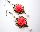Hot Pink Wedding Earrings, Rose Flower Bronze Jewelry, Rustic, Country Weddings, Pink & White Bride