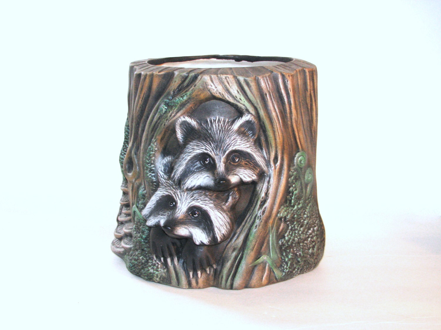 Ceramic Raccoon Planter, hand painted - 9.5 inches, indoor or outdoor, lawn and garden