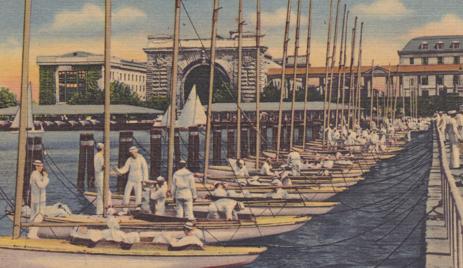 United States NAVAL ACADEMY, Annapolis, MARYLAND - Midshipmen Preparing for Sailboat Drill, Vintage Linen Postcard, Unused, c. 1950s, Davis