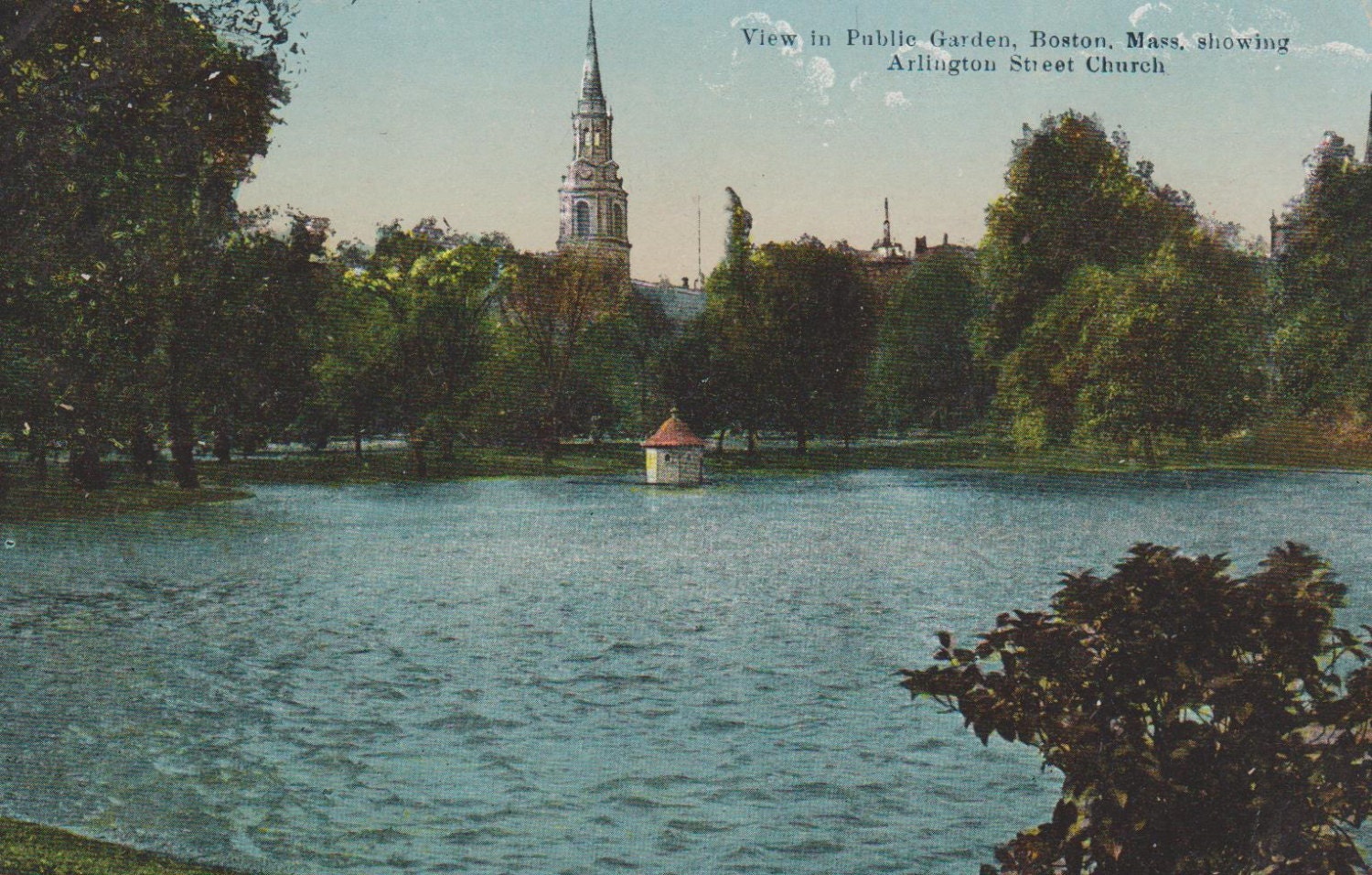 BOSTON, MASSACHUSETTS - View in Public GARDEN, Showing Arlington Street Church, Used & Stamped, 1910s, Reichner Brothers