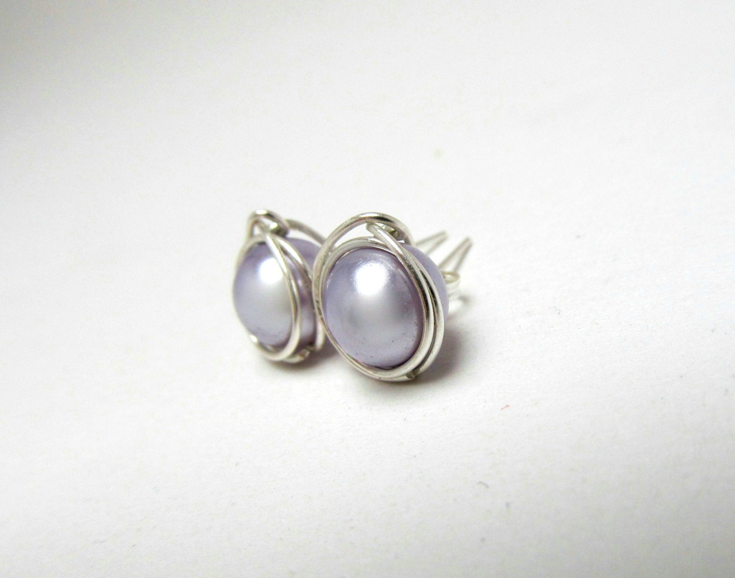 Wire Wrapped Lilac Pearl Earrings, Sterling Silver Wire Earrings, Light Purple Post Earrings, Women's Stud Earrings, Bridal Gift