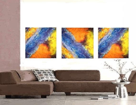Abstract Resin Art painting on canvas, colorful contemporary Triptych  "Here Comes the Sun" 36" x 12"