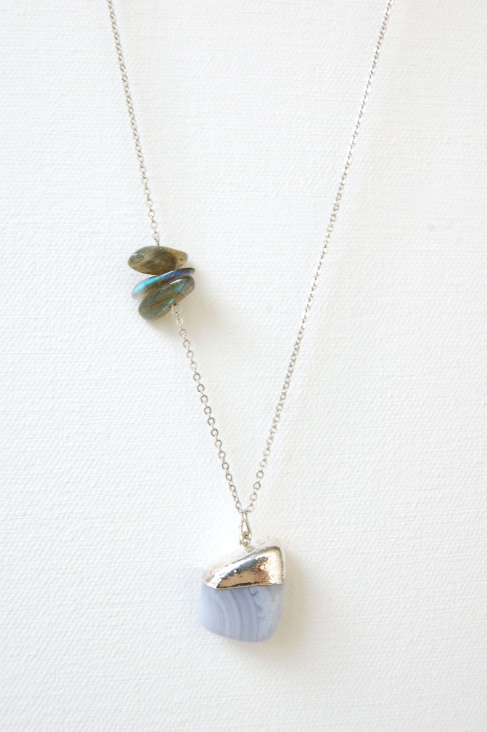Long Pendant Necklace Tear Drop Blue Lace Agate Labradorite Every Day Jewelry Silver Chain Stone Natural Mineral Elegant Delicate Minimal