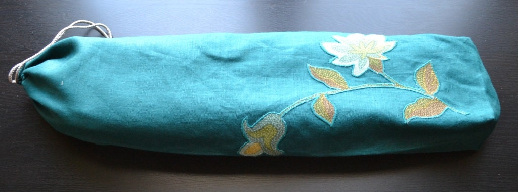 Linen Bread Bag - Teal with Applique Flowers - Baguette Bag