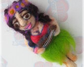 Hula Girl Tattoo Brooch- Hula Girl with Ukulele, Grass Skirt & Lei Needle Felted Vintage Tattoo Style pin
