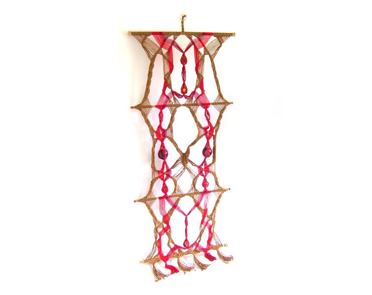 Vintage Macrame Wall Hanging Jute Rope Woven Natural Twine Red Pink Brown Hand Blown Glass Beads Retro Handmade Fiber Art Tapestry