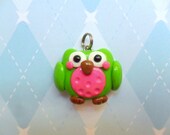 Owl Charm Polymer Clay Cute Jewelry Pink and Green