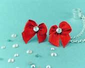 Bow Ear Cuff, red bow earrings, earcuff, ear cuff set with chain
