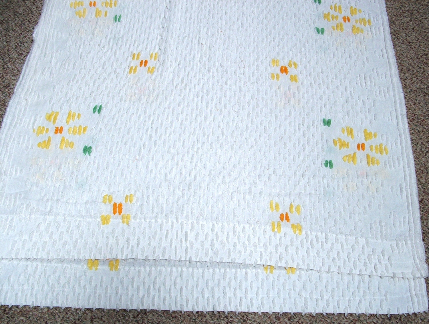 Two Curtain Panels / White Chenille & Yellow Flowers / Vintage Fabric Supply