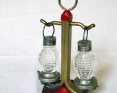 Salt and Pepper Shakers: Anchor and Lanterns, Red painted metal, S&P, Vintage nautical kitchen