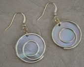 Spiral Earrings, Wire Wrapped Drop Earrings, Swirl Earrings, Gold Colored Metal Earrings, Mother of Pearl Earrings