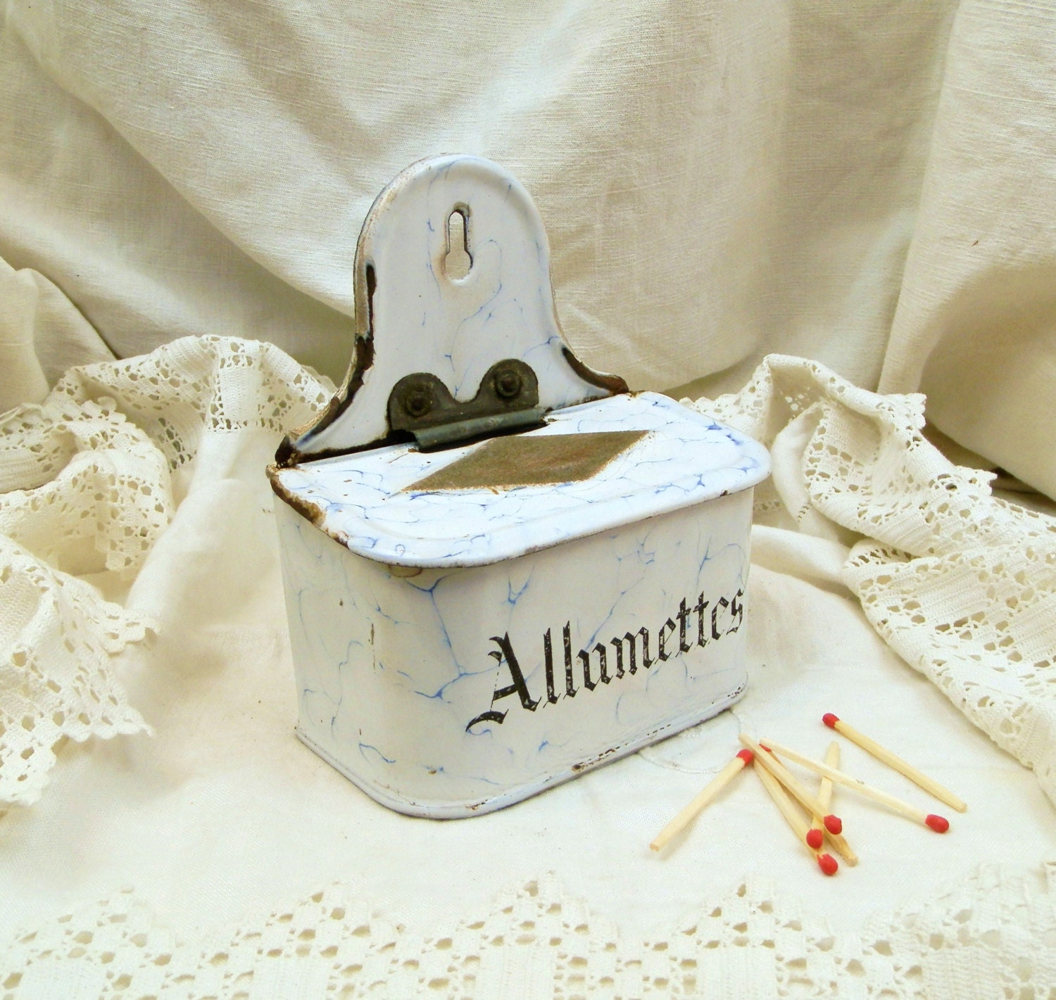 Antique Enamelware French Matchbox / French Country Decor / Farmhouse Decor