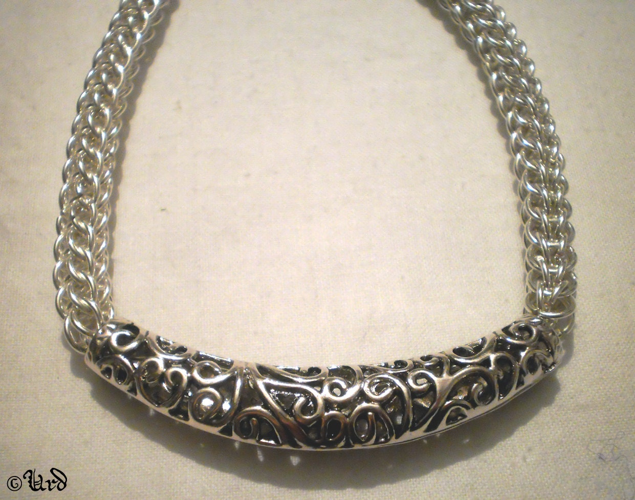 Silver -plated Persian chainmaille statement necklace with large Tibetan silver tribal tube bead - OOAK handmade jewelry - fantasy, elegant