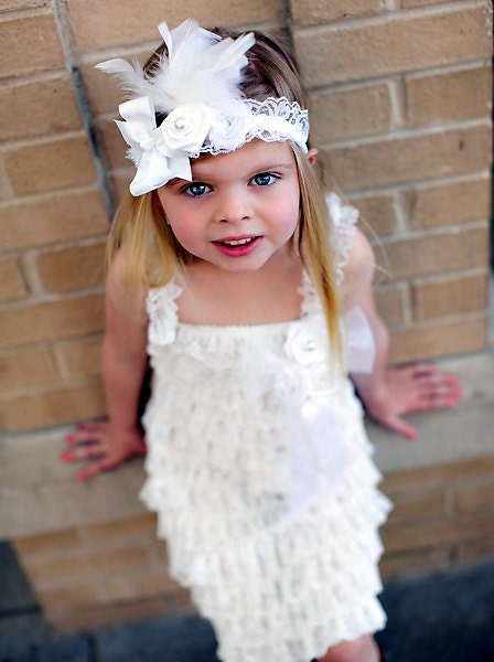 Flower Girl Dress - Baptism Dresses- White Petti Lace Romper Dress and Headband, Petti Romper, Baby Headband, Lace Petti Romper