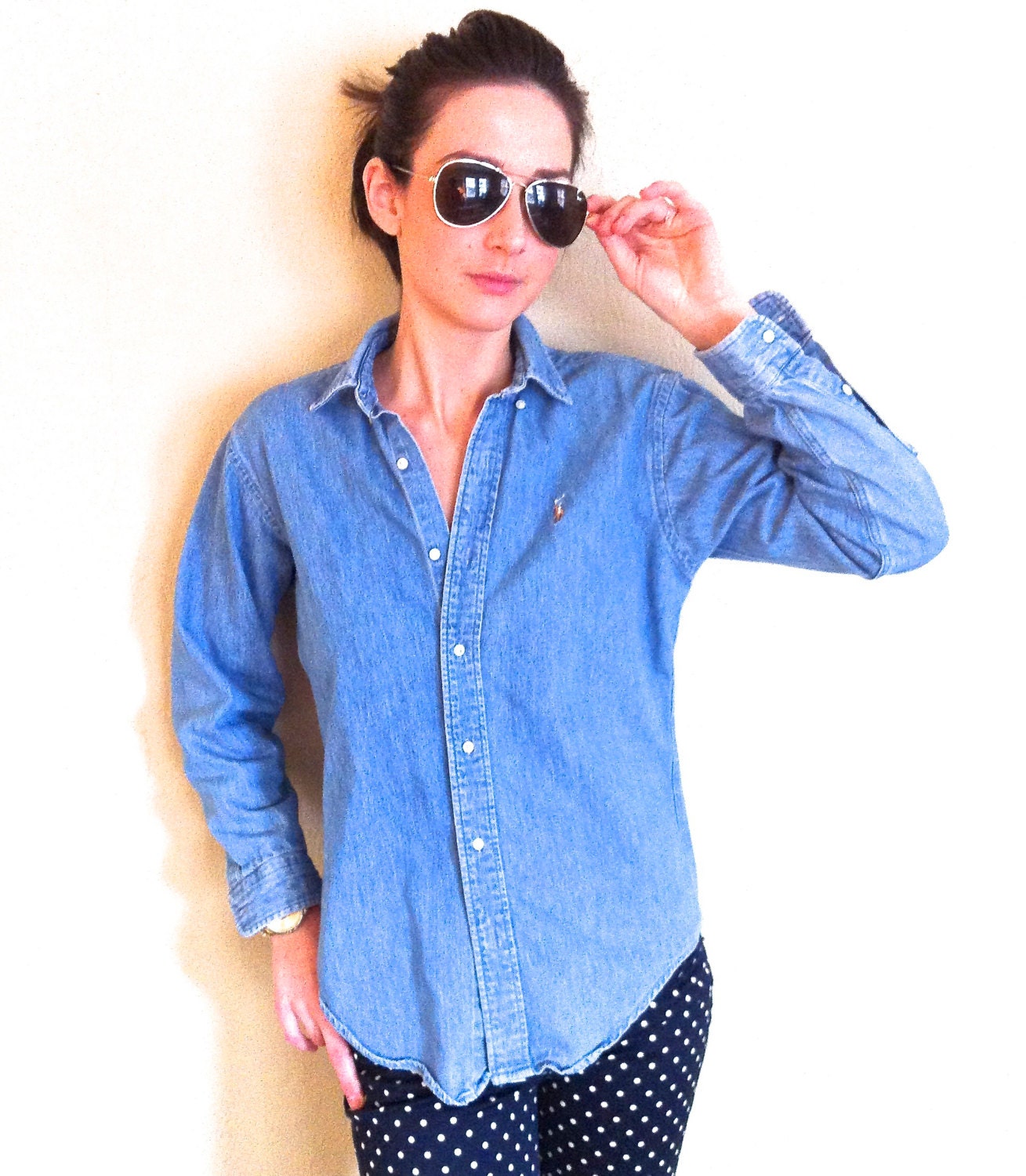 Ralph Lauren Vintage Chambray Denim Button Up Blouse Shirt Light Blue Spring time Spring fashion Size L Oversized Artsy