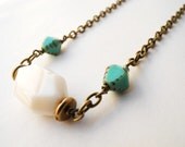 Onyx Necklace, White Stone Pendant, Turquoise Czech Glass, Brass Chain, Beadwork, Beaded Necklace