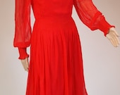 Vintage 1960s 70s bright red Chiffon Susan Small dress with sheer puff sleeves and frilled collar lovely stitch details on waist and cuffs