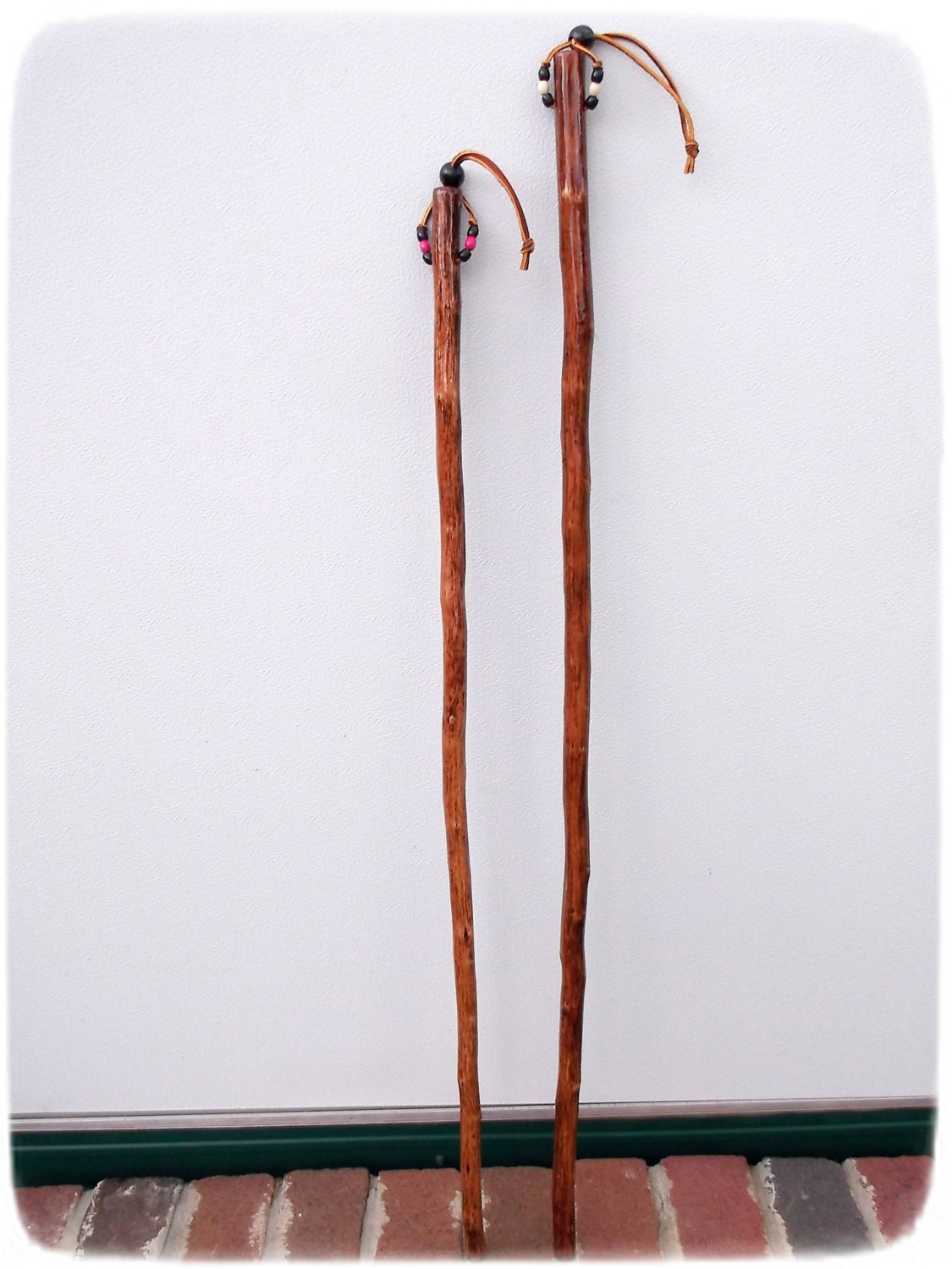 His & Hers Hiking Sticks - his and hers, outdoors, nature, trails, wooden, beads, wedding gift, bridal gift, camping, walking, couple
