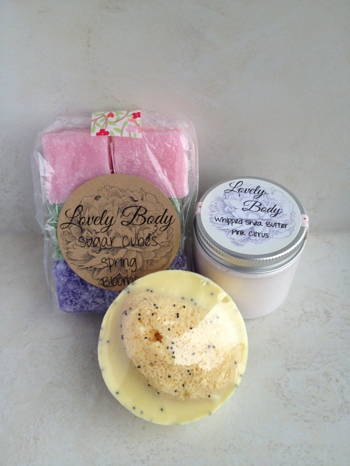 Scrub and Smooth Bundle Pack with Sugar Scrub, Sponge Soap, 4 oz. Whipped Shea Butter. Spring Gift, Choose your Scent