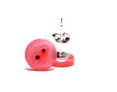 Neon Pink Stud Button Earrings, Tinted Shell Vintage Sterling Silver Post Earrings, Nickel Free Small Hot Pink Studs - "Pink Cadillac"