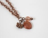 Peach and Antiqued Copper Butterfly Beaded Pendant - Beaded Necklace - Handmade Jewelry - OOAK  - Ready to Ship