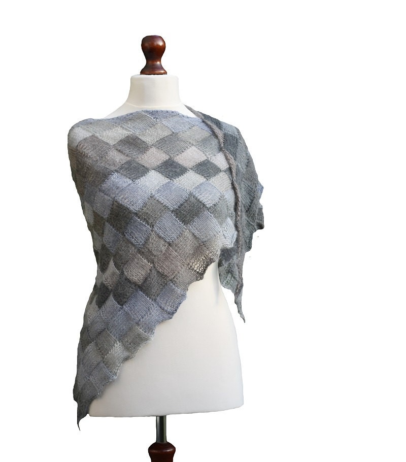 Gray hand knit shawl, triangular shawl, technique Entrelac, knit scarf, shawl wrap, shawl entrelac, spring modern clothing