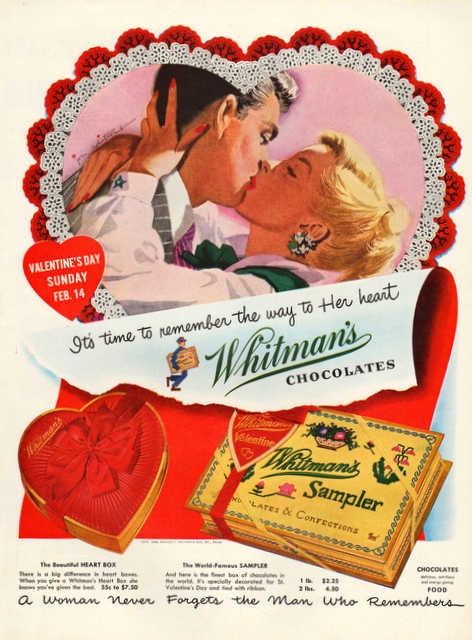 Vintage 1954 Whitman's Chocolate Sampler print ad Valentine's Day kissing couple romance love