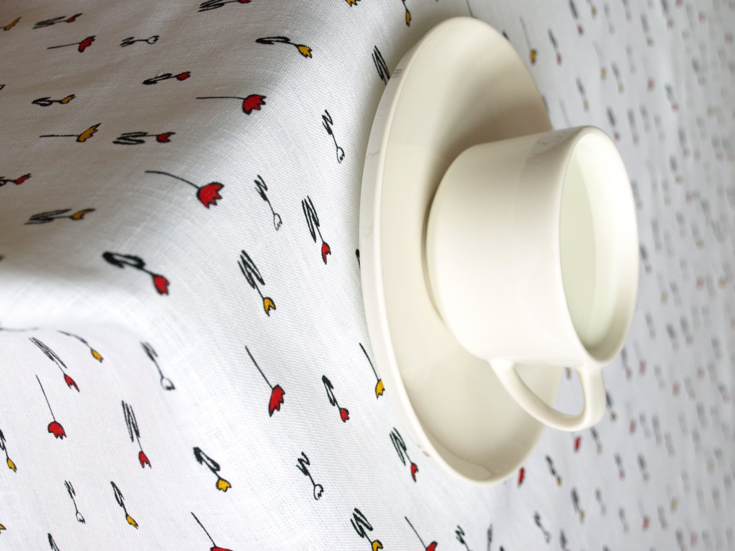 Linen wedding tablecloth white red yellow black small tulips Eco Friendly 56"x56"or order your size, table runner , cloth napkins available