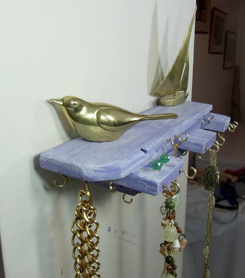 Jewelry Hanger Organizer Stacked Wood Lavender Clouds with Side Shelf
