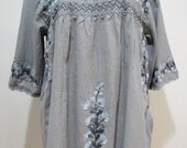 Mexican Embroidered Blouse 3/4 Sleeves Cotton Top In Gray