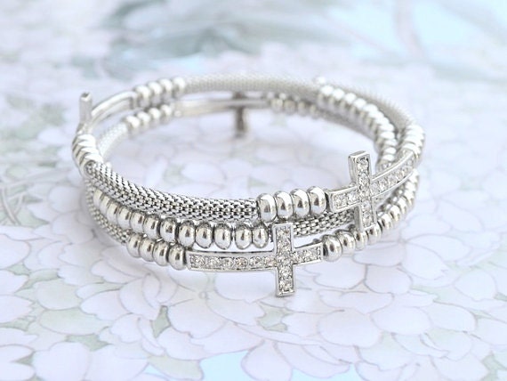 Rhinestone Sideways Cross Bracelet Bangle - SILVER