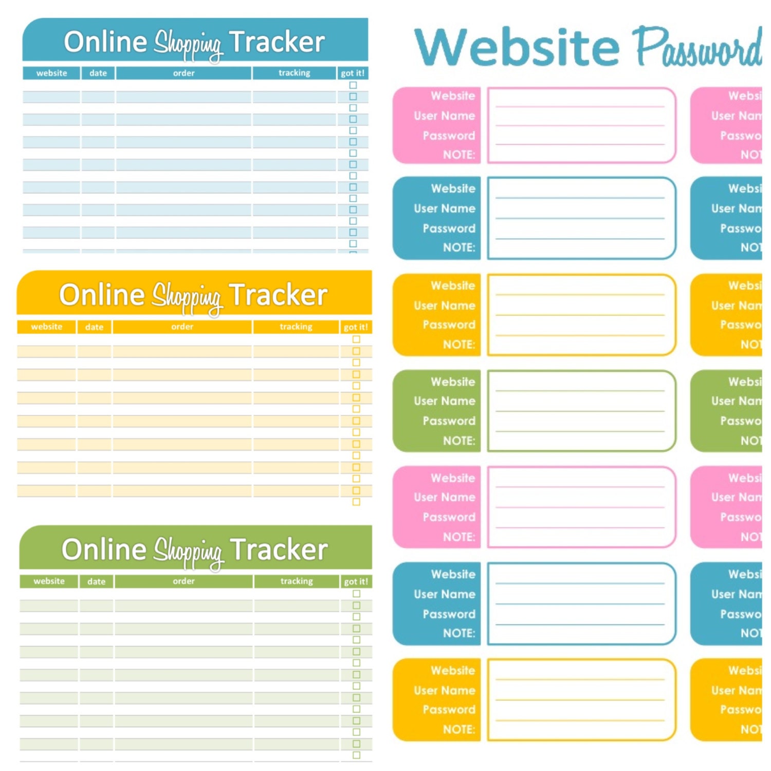 Online Shopping and Password Keeper Set - Organizing Printables -  INSTANT DOWNLOAD