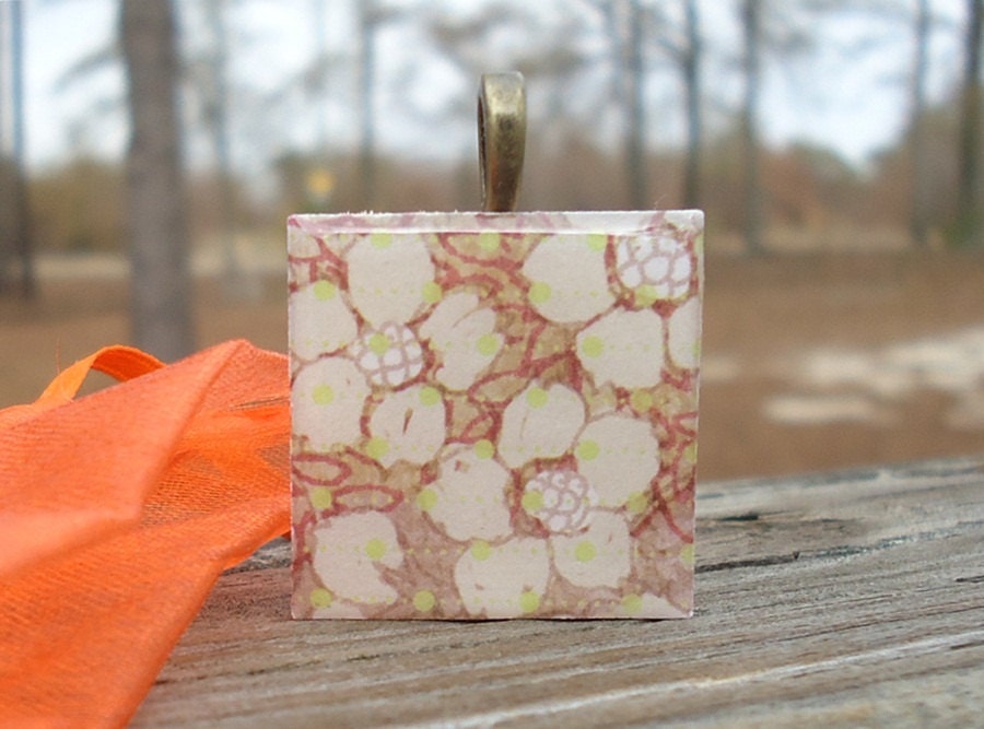 Sophisticated Flowers, Wood Tile Pendant Necklace
