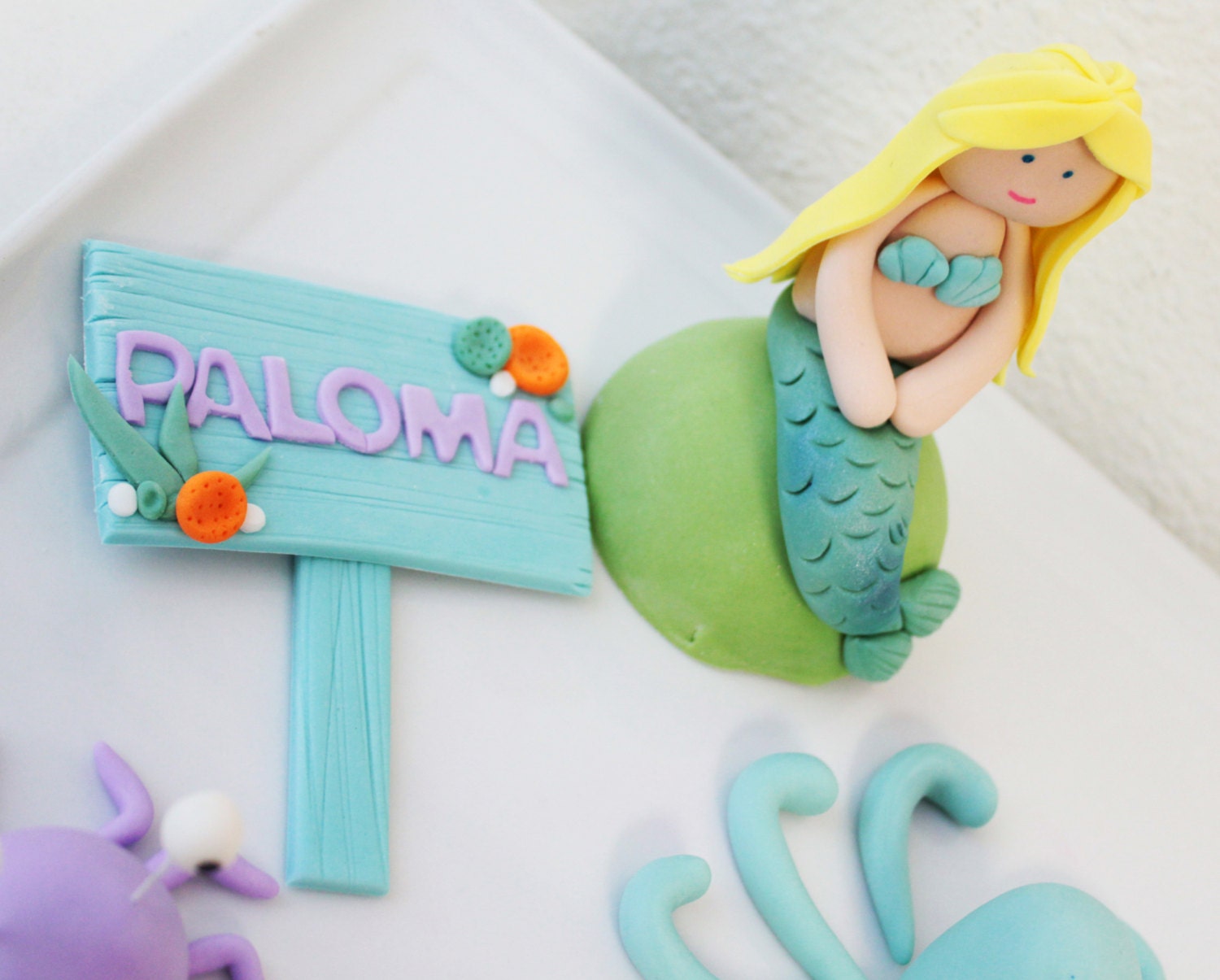 Fondant Edible 1 qty octopus 1 qty name sign and 1 qty mermaid  for Under the Sea Party, Mermaid, Finding Nemo, Little Mermaid, Beach