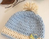 Organic Cotton Crochet Baby Beanie. Baby Boy Beanie. Blue / Ivory Hat.