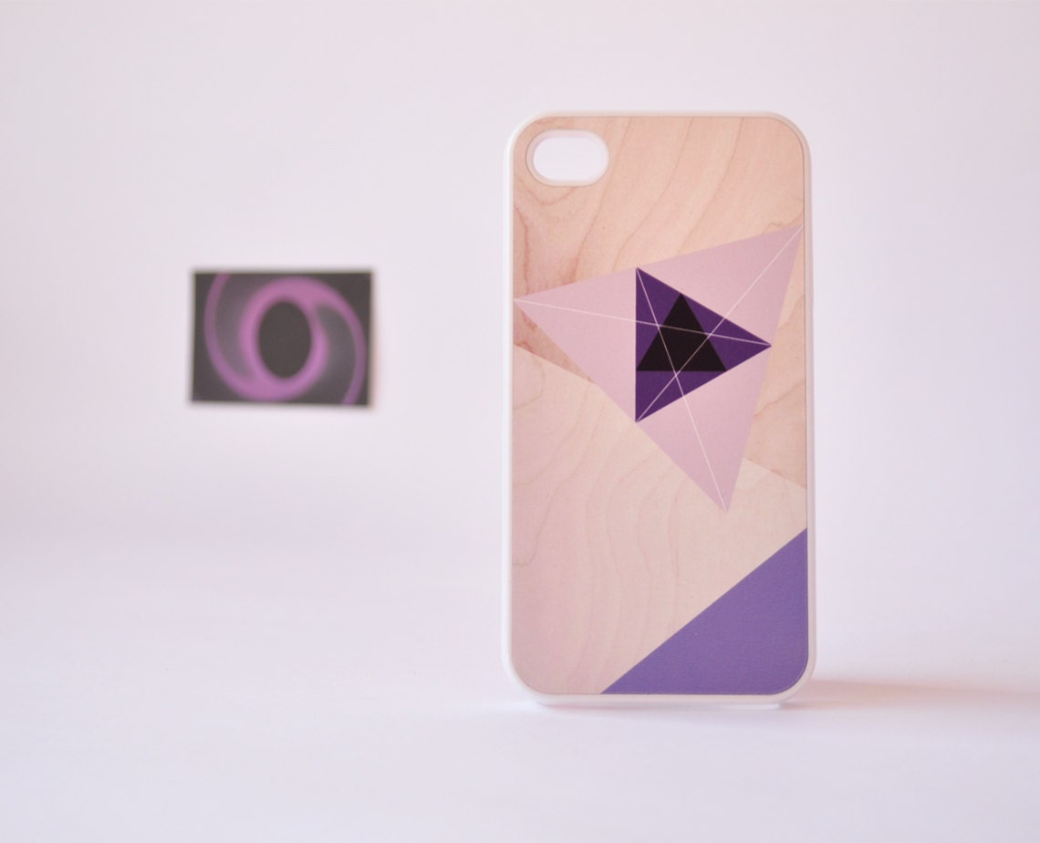 iPhone 4 Case - iPhone 4s Case - Geometric iPhone Case over Wood Print - Geometric iPhone 4 Case - Purple Triangules