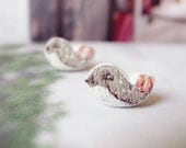 Little Wild Bird hand Embroidery Earrings - Mod / Modern / Lovely Animal Studs