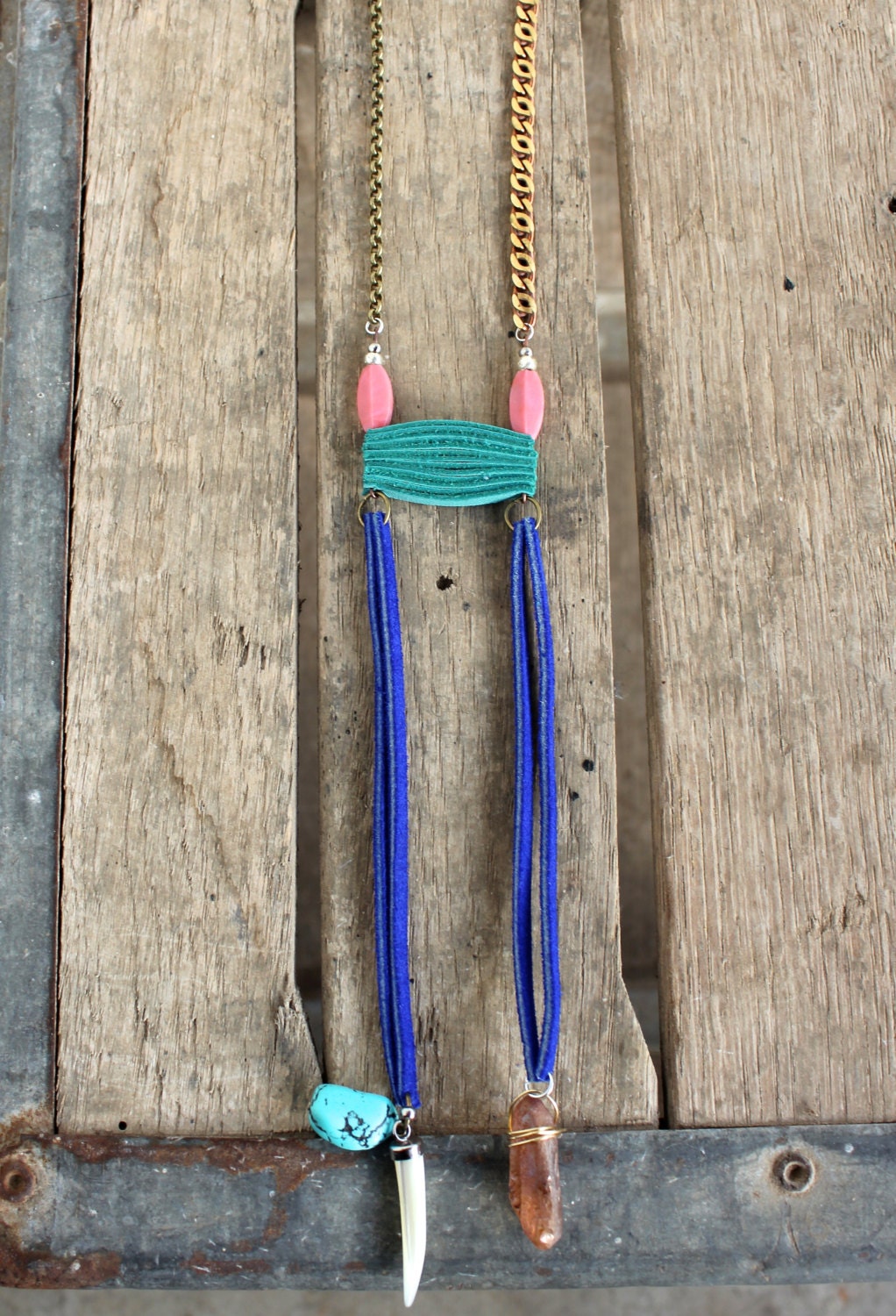 Teal and Indigo Leather with Turquoise Stone, tusk, pink beads, and peach crystal Necklace