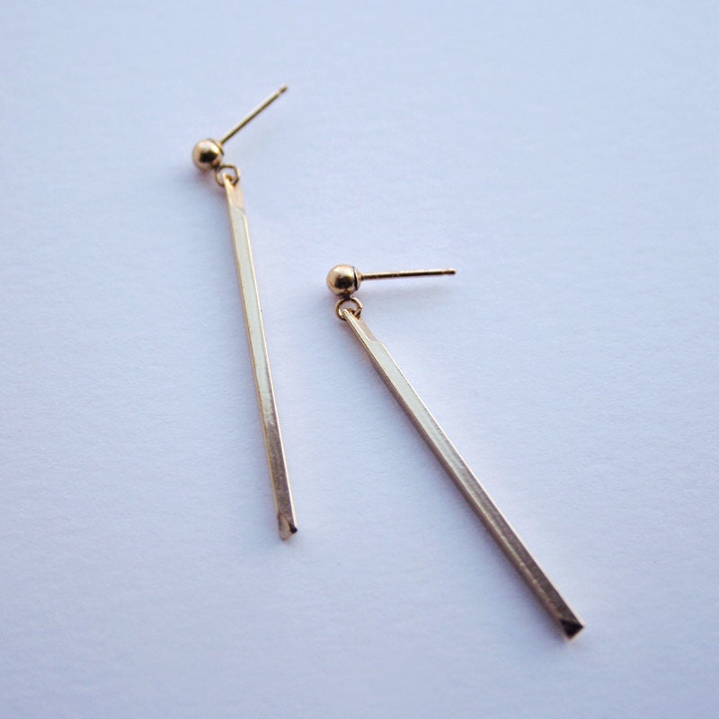Long gold bar earrings - Skinny dangle earrings with ball post - Geometric stick earrings -Modern & minimal