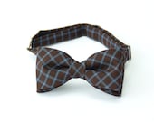 Mens bow tie by Bartek Design - groom wedding classic retro necktie chic gift ready to wear - brown blue checkered wool tweed