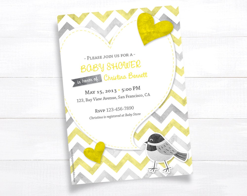 Bird Baby Shower Invitation Gray Yellow Chevron Invitation Printable Baby Shower Invite Custom Gender Neutral Baby Boy Digital File DIY