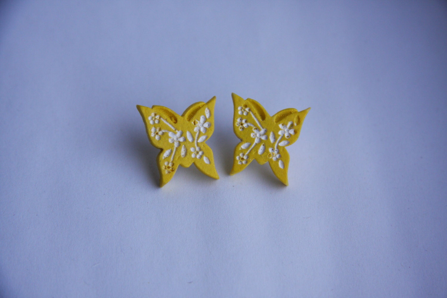 Pretty Yellow and White Butterflies, on Silver Plated Posts/Studs Earrings. -High-Set Studs.